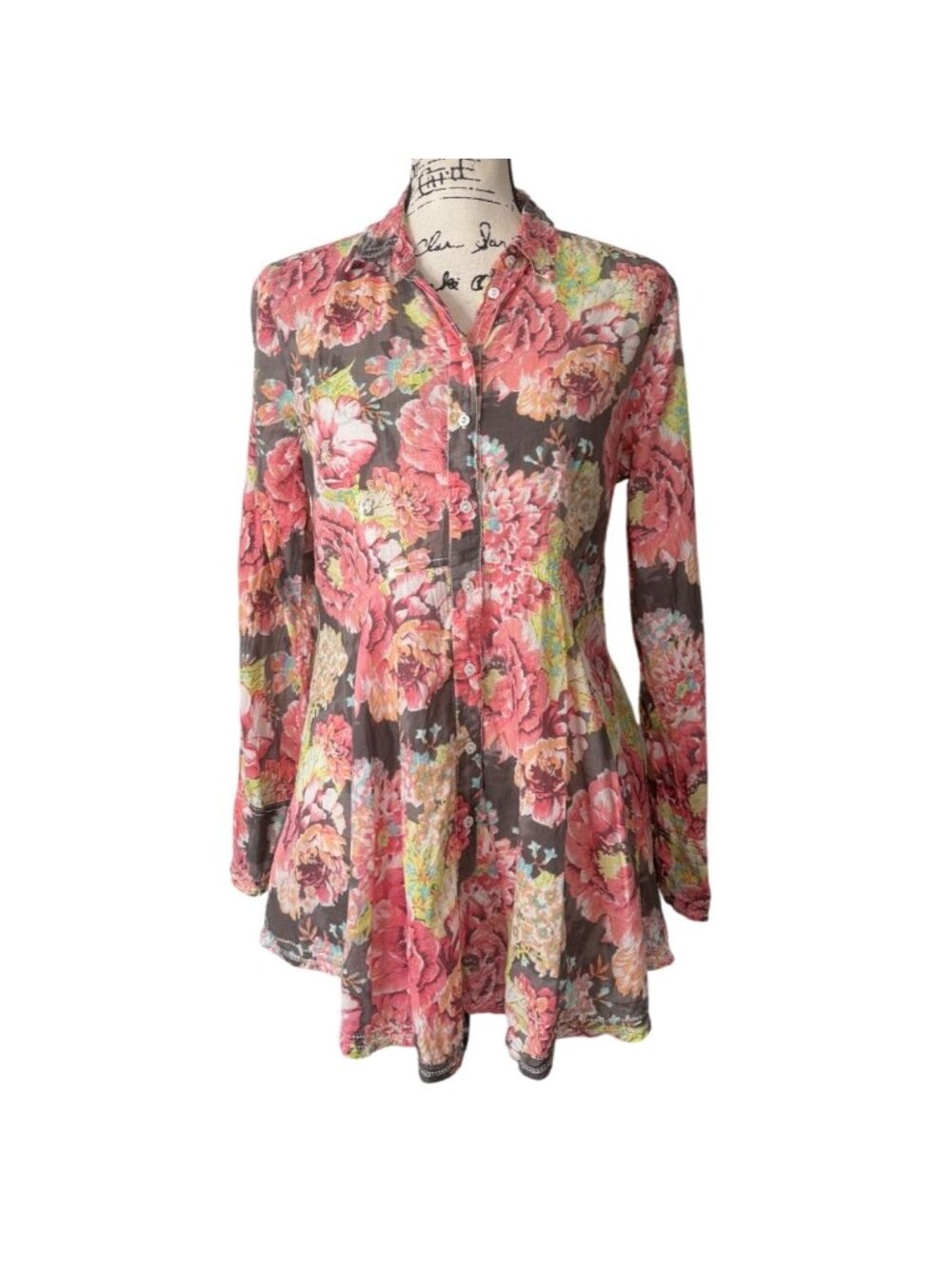 Cino Womens XS Floral Button-Up Tunic Top Long Sleeves Floral Cotton Pink Brown